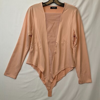 Chicme Body Suit Womens Size XL Peach Long Sleeve Sheer Plung Front