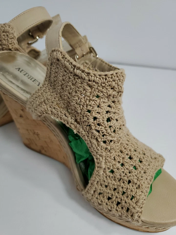 Одри Брук бежевый вязаный 4,5 «пятки пробки на танкетке с ремешками с открытым носком туфли 8,5 М - Изображение 2 из 4