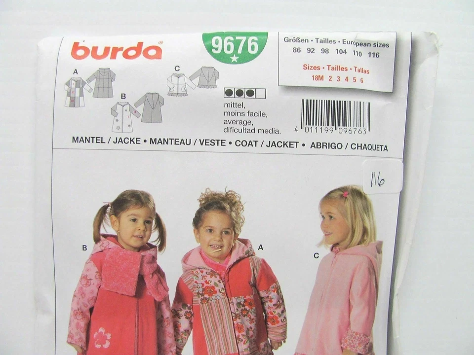 Burda 9676 Girls Zip Up Coat Jacket Sizes 18months - 6 Sewing Pattern Uncut #116 - Image 3 of 4