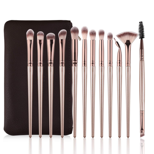 12-Pc Eye Makeup Brush Set – Pro Blending Tools w/ Bag (Champagne Gold)