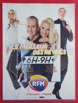 Press advertisement: RFM radio Bruno ROBLES and Elodie GOSSUIN alarm clocks 6h-9h 2015