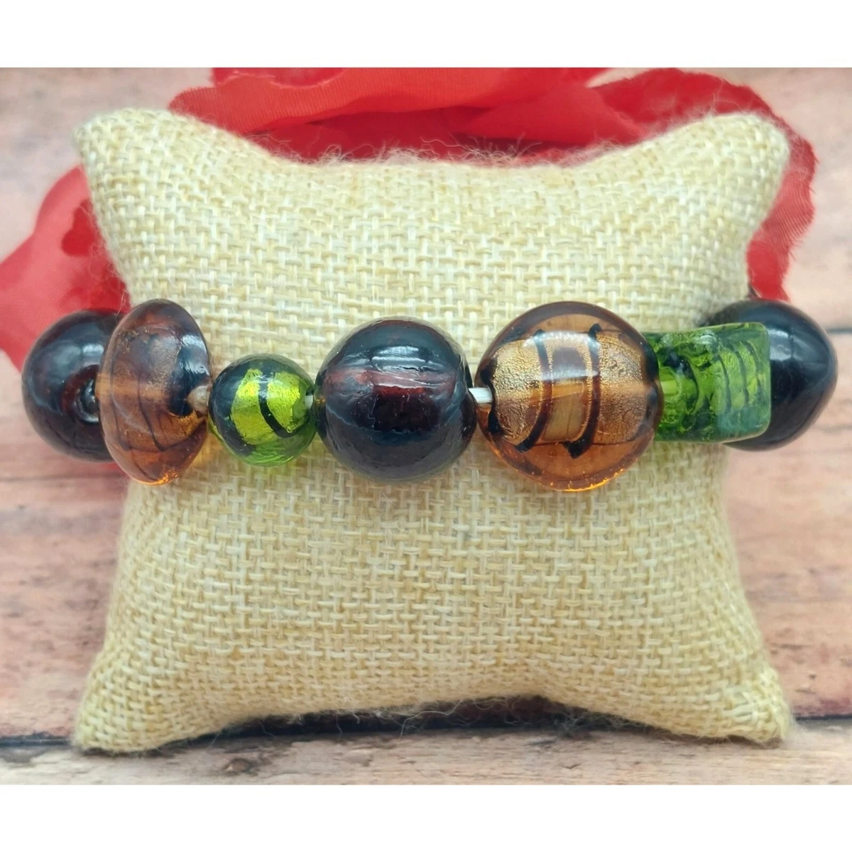 Art Glass Large Bead Neutral Green Brown Stretch Bracelet eBay