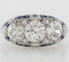 Art Deco Round Moissanite & Sapphire 14K White Gold FN Three-Stone Wedding Ring