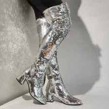 Women Boots Over Knee Bling Glitter Square High Heels Boots Party Prom Shoes