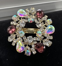 Round Rhinestone Barrette Purple Aurora Borealis Hair Clip Circle Gold Tone 2.5  