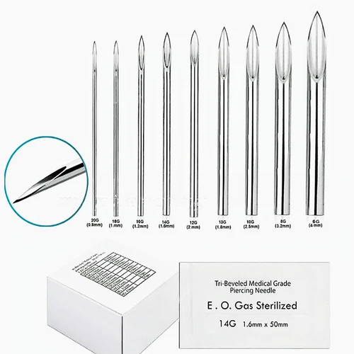 4pcs. Tri-Beveled Medical Grade Sterile Body Piercing Needle 20g to 6G - product listing photo