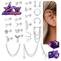 Helix Piercings Set 16G Chirurgenstahl Gold Silber Ohrstecker Kette Creolen