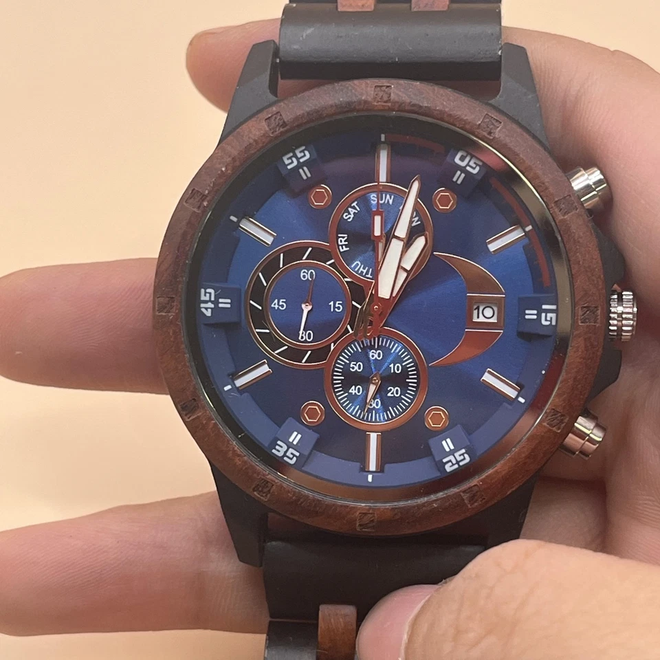 Wooden Analog Watch Mens Blue Dial Day Date Subdials Quartz Wood Band Rose Gold - Image 3 of 4