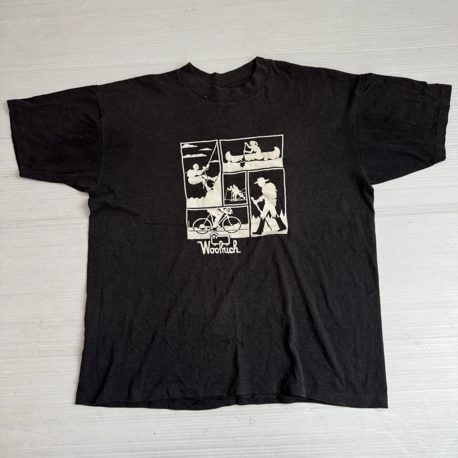 Vintage Woolrich Shirt Mens XL Black Camping Hiking Fishing Graphic T Shirt
