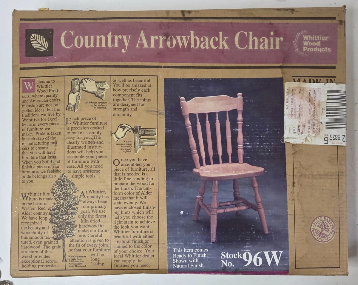 Silla de Colección Whittier Wood Products Country Arrowback 96W Madera de Aliso Nueva de Lote Antiguo Sin Acabar
