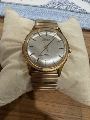 Vintage Timex Automatic Men s Watch Gold Tone Silver Dial For Parts Repair