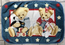 Vintage Springmaid Blue Jean Teddy Bear Fleece Baby Blanket Throw Rug 30  X 40  