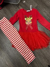 Girls Red Reindeer Dress with Striped Leggings Holiday Outfit