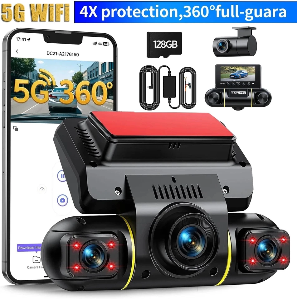 LAMTTO 5G Wifi 4 Channel Dash Cam 360° FHD 1080P Car Camera with Hardwire Kit & 128GB