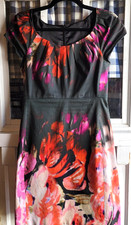 Elie Tahari Women Classic Black Pink Red Print Cap Sleeve Rear Zip Dress Size 6