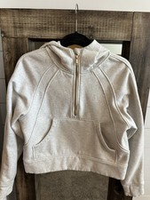 Women s Cropped Fleece Hoodie Pullover Beige Half Gold Zip Kangaroo Pocket S