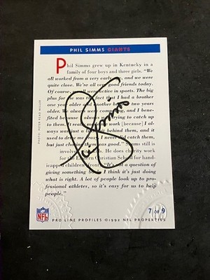 1992 PRO LINE PHIL SIMMS GIANTS AUTOGRAPH SIGN CERTIFIED