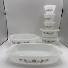 Dynaware Pyr-o-Rey VTG Milk Glass Brown Daisy 7 Pieces.