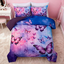 3 Piece Butterfly Pattern Girls Comforter Set, Colorful Ink Stick Printing Beddi