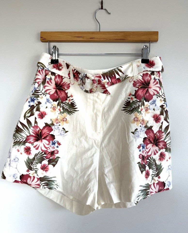 Portmans Linen Shorts Size 12 Floral Belted Cream Casual Summer Elegant