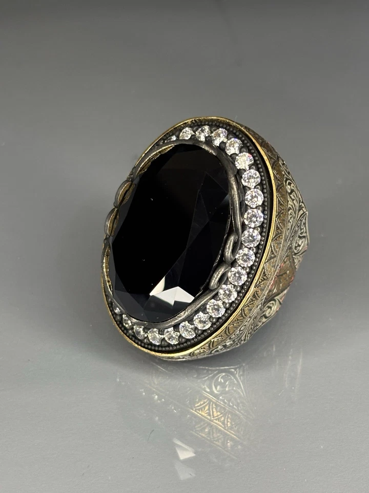 Onyx 925 Sterling Silver Men’s Ring: Moissanite Halo, Baroque Gothic Jewelry - Image 4 of 4
