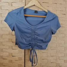 SHEIN Crop Top Women's Size Large Blue Ruched Short Sleeve