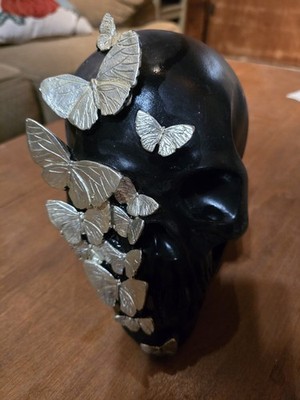 Gothic Glam Black & Gold Butterfly Skull Figurine 6.5'' Tall