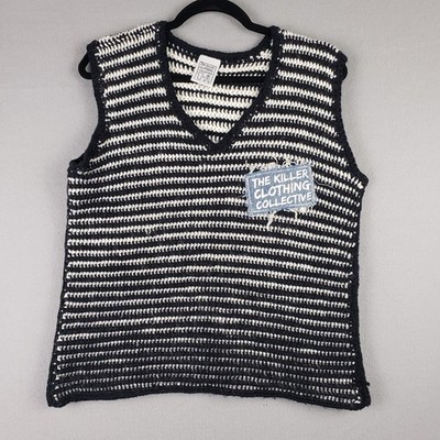 Killer Clothing Collective L Knit Sweater Vest Black Cream Stripe Grunge Punk