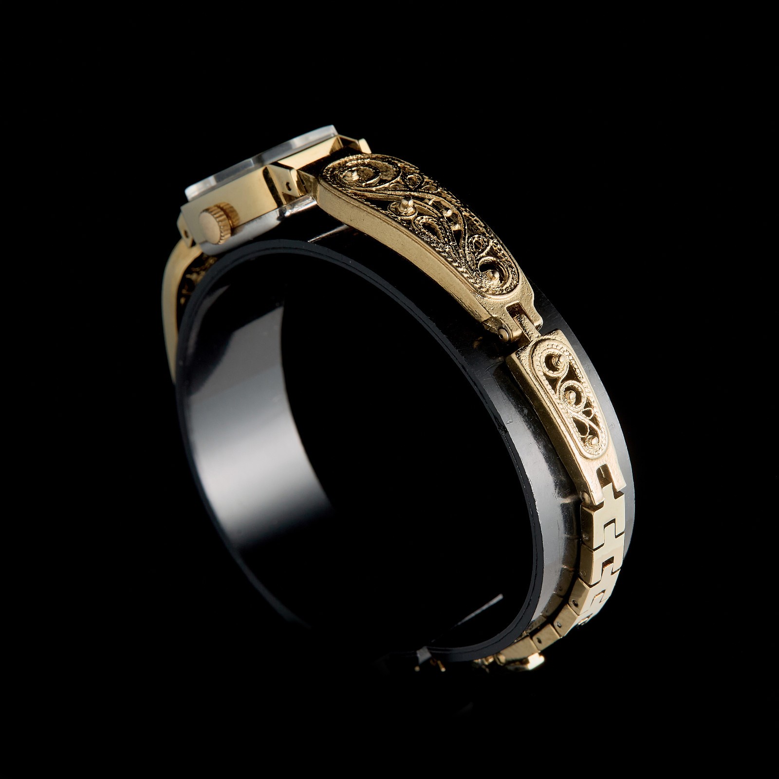 Small women's cocktail watch with gold color. Vintage women's mechanical watch.