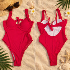 Women's red one piece swimsuit with tie in back, High Cut-Size Large -Runs small