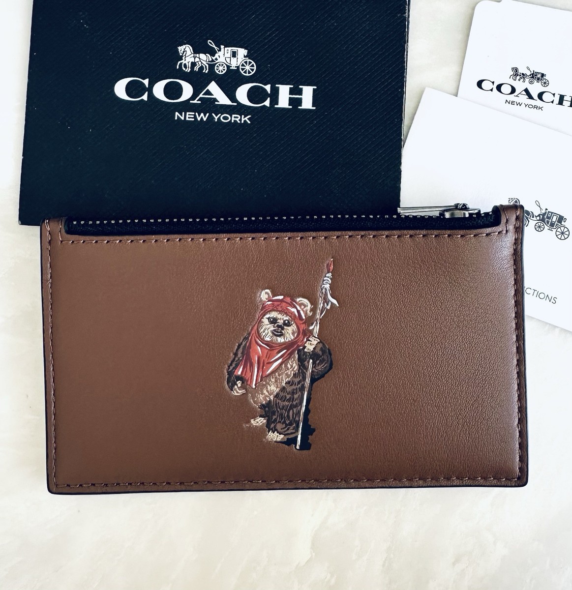 NWT COACH X STAR WARS EWOK DARK SADDLE/MULTI LEATHER ZIP CARD CASE
