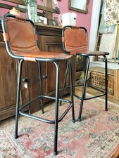 A Lovely Retro Pair Of Italian Leather And Blackened Steel Bar Stools Good Order