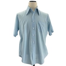 Vintage 70s Men's Large Blue Short Sleeve Button Down Shirt Lightweight 44 Chest