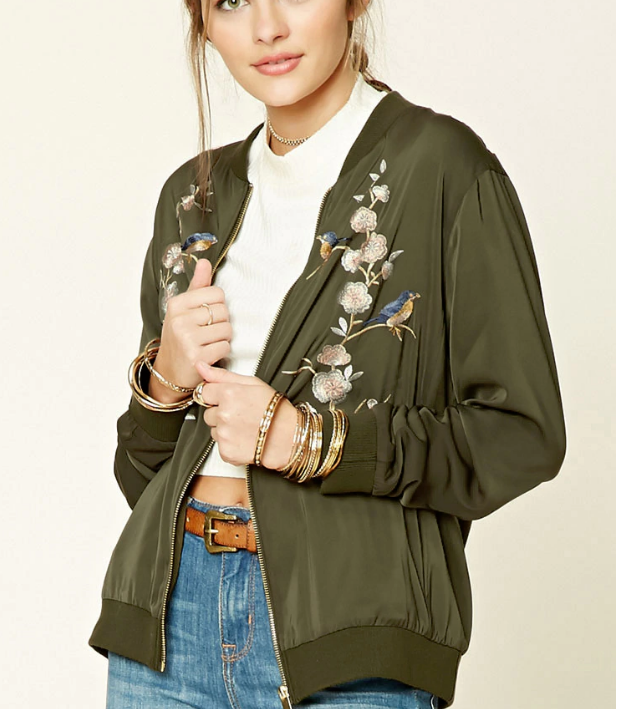 Forever 21 Korirl Lila Rose Floral Print Embroidered Bird Bomber