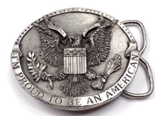 PROUD TO BE AN AMERICAN Belt Buckle Bergamot Brass Works EAGLE VTG 1981 H132 USA