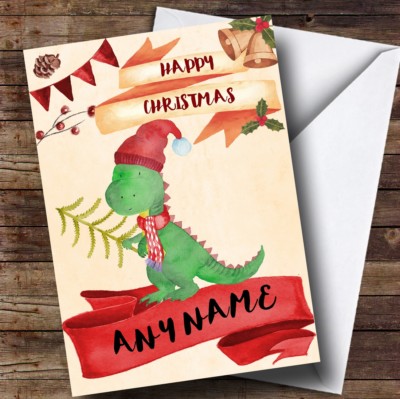 Personalisierte Weihnachtskarte Aquarell rustikale Dinosaurier Kinder
