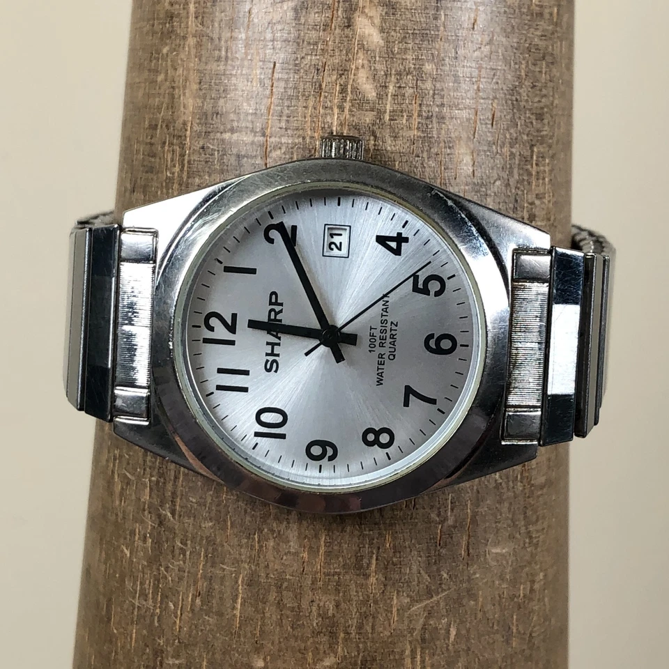 Sharp Men SHP105 Classic Date Silver Tone Expansion Quartz Analog Watch 7 1/4" - Image 2 of 4