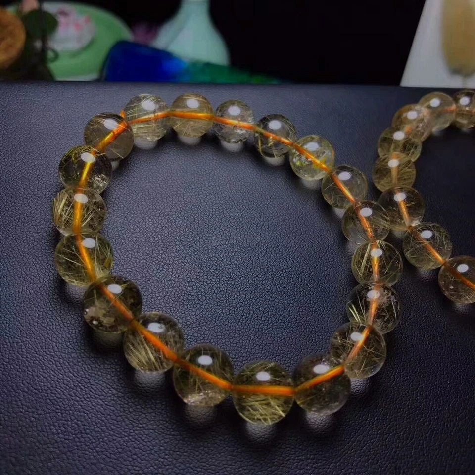 Pulsera de cuentas de cristal natural oro titanio rutilado AAA 10,5-9,5 mm Foto 3 de 4