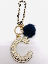 Keychain Gold Tone Big Word C Pears/ Clear Rhinestones E2