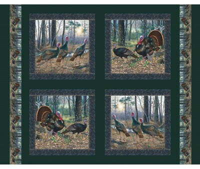 4 Wild Turkey Morning Gobblers Pillow Panels Fabric 100% Cotton Wildlife