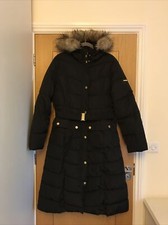 Rocawear Classic Womens Black Belted Faux Fur Trim Hood Puffer Long Coat Size Xl