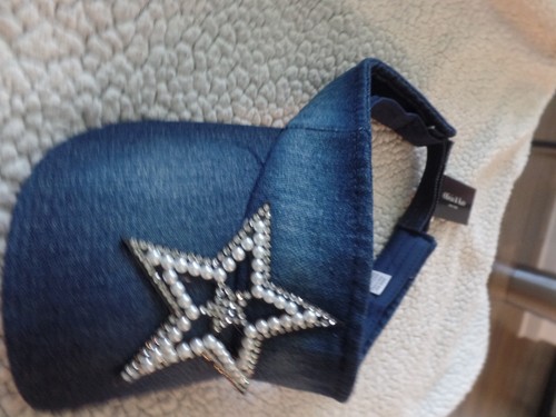 HAT, VISOR, DENIM, STAR DESIGN, RHINESTONE PEARL, ADJUSTABLE, NEW. OLIVIA & KATE - Picture 3 of 11