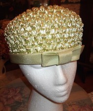 Vintage 1960's Green Straw and Fabric Pillbox Women's Hat W/Front Bow