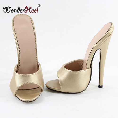 Sandali da donna tacco a stiletto 18 cm pelle opaca fetish slip on tacco alto punta aperta - Foto 3 di 14