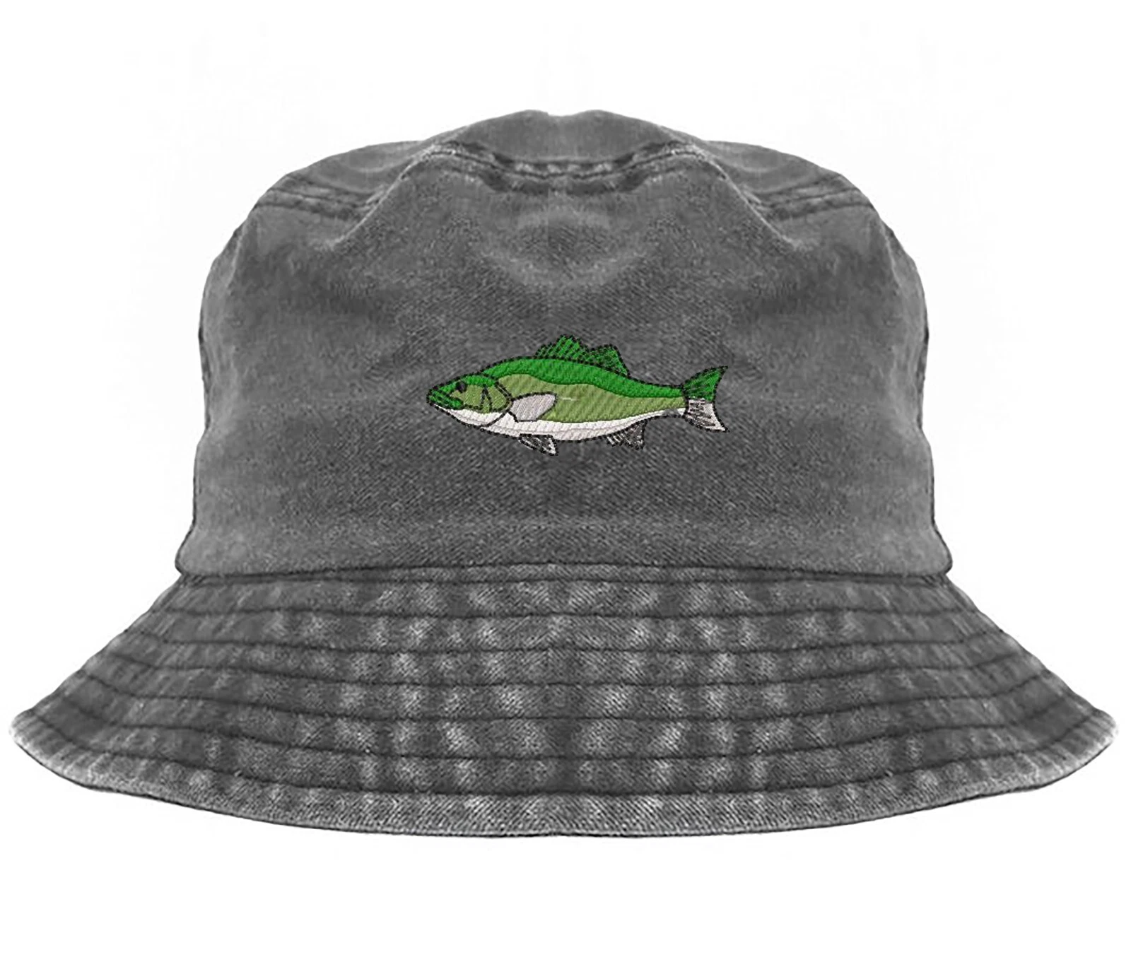 Bass fish embroidered bucket hat, pigment dyed bucket hat