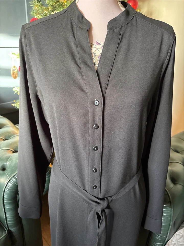 M&S Collection 16-18 Shirt Dress Long Sleeve Black Side Splits Tie Belt Lined - Image 2 of 4
