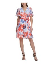 DKNY Womens Orange Belted Lined Flutter Sleeve Fit + Flare Dress 2