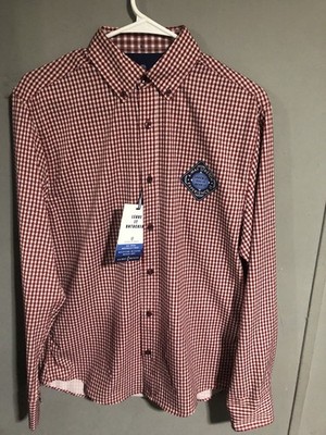 NWT Society of Threads Mens Shirt 4 way Stretch Slim Button Up Red Checked sz S