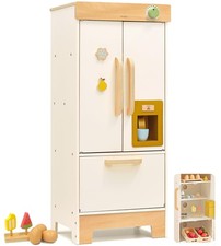 Wooden Toy Fridge for Kids Kitchen, Toddler Pretend Play Refrigerator with Re...