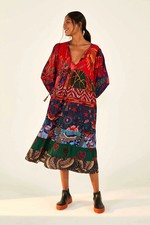 Farm Rio Mixed Print Tunic Dress S Midi Tier Floral Stars Beaded Tassel Boho New